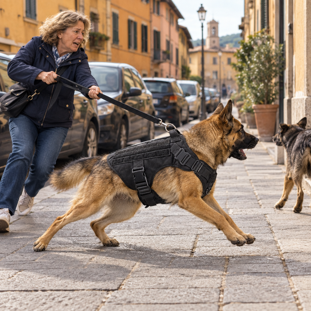 Una donna sul marciapiede viene trascinata in avanti dal suo pastore tedesco, che tira verso un altro cane