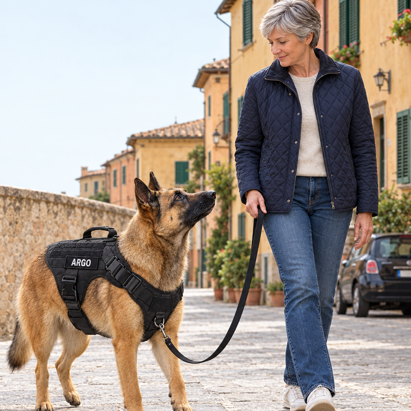 Donna con il pastore tedesco al guinzaglio sul marciapiede