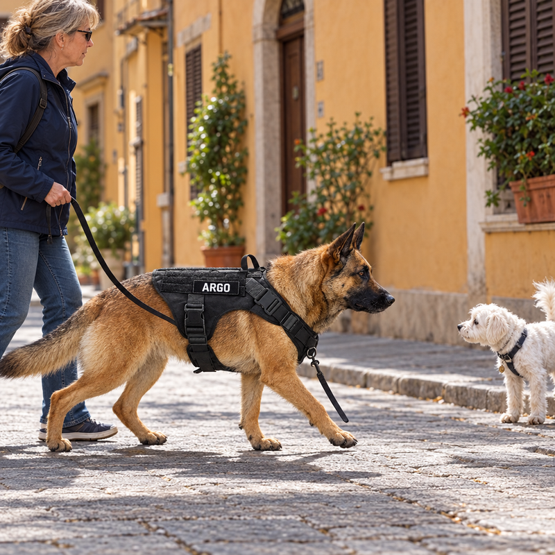 Sul marciapiede il pastore tedesco parte verso un cagnolino, con il guinzaglio ancora lento agganciato all'anello sul petto