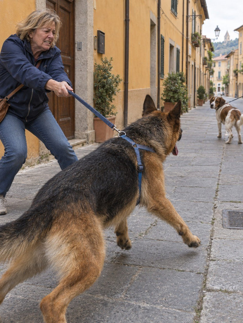 Una donna trascinata dal suo pastore tedesco, con una pettorina sottile e il guinzaglio agganciato sulla schiena