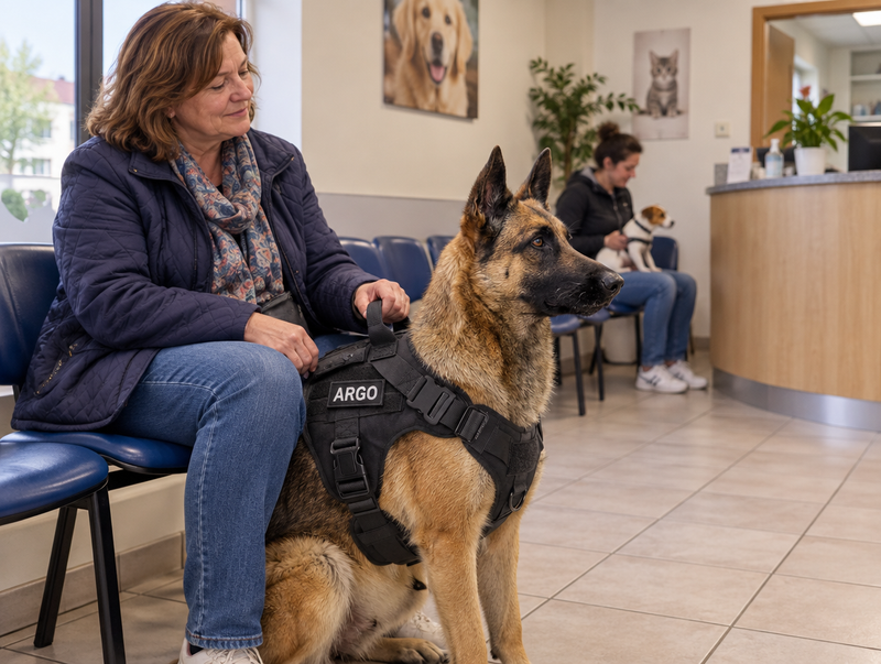 Donna seduta nella sala d'attesa del veterinario che tiene il pastore tedesco per la maniglia