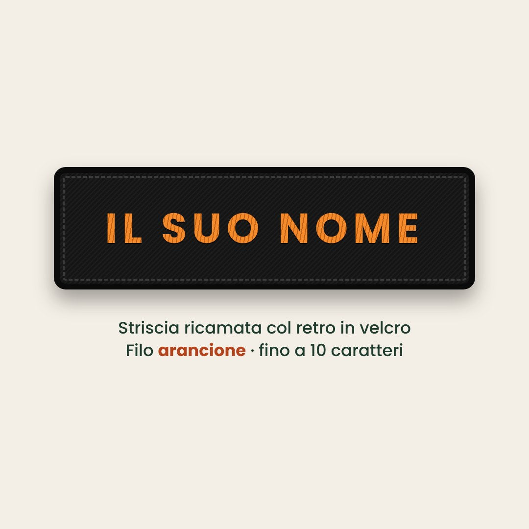 Striscia ricamata col nome, filo arancione