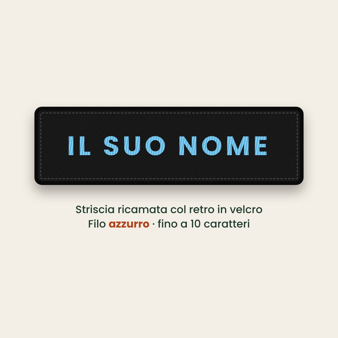 Striscia ricamata col nome, filo azzurro