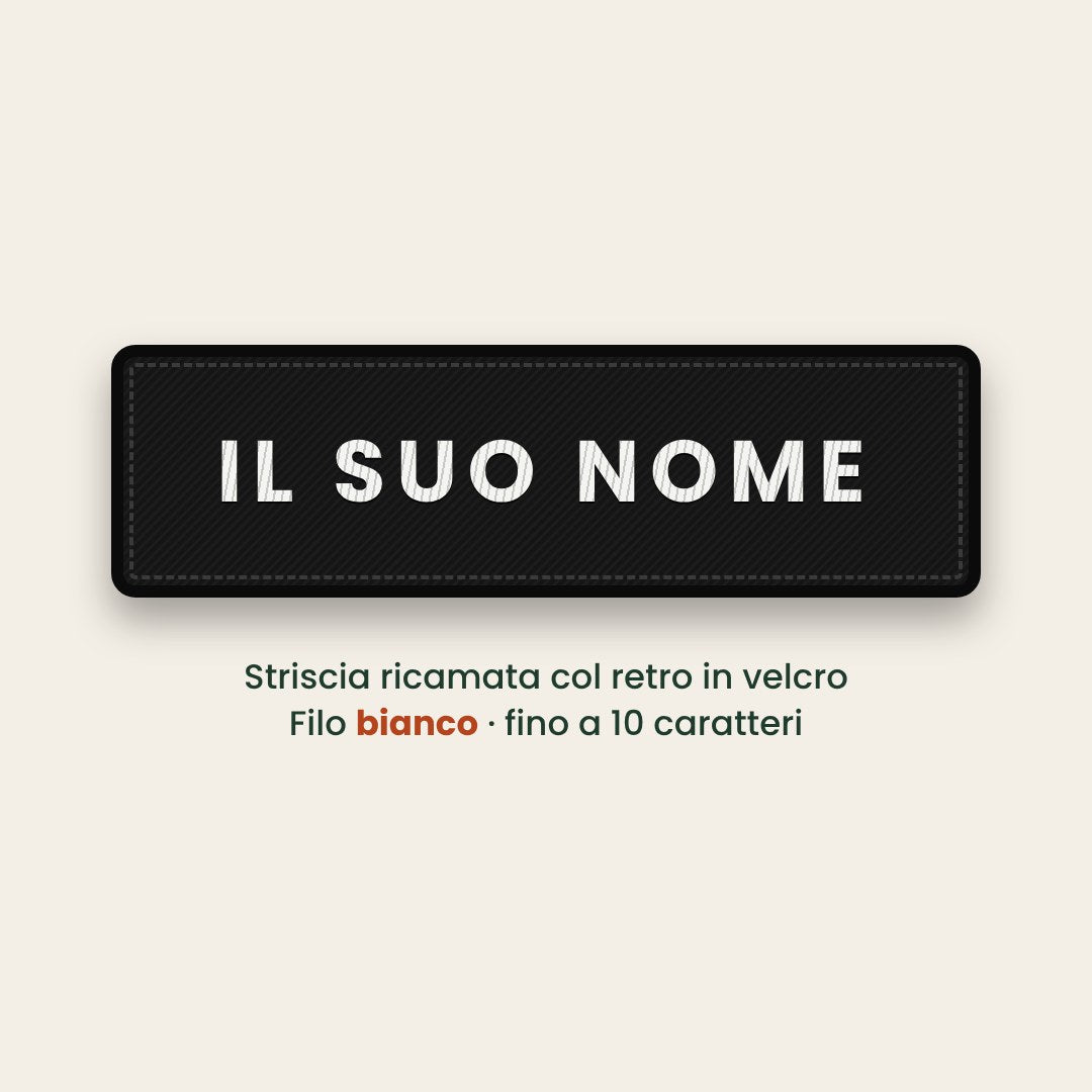Striscia ricamata col nome, filo bianco