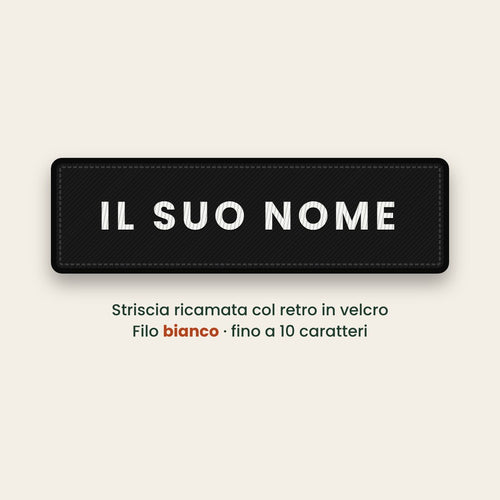Striscia ricamata col nome, filo bianco