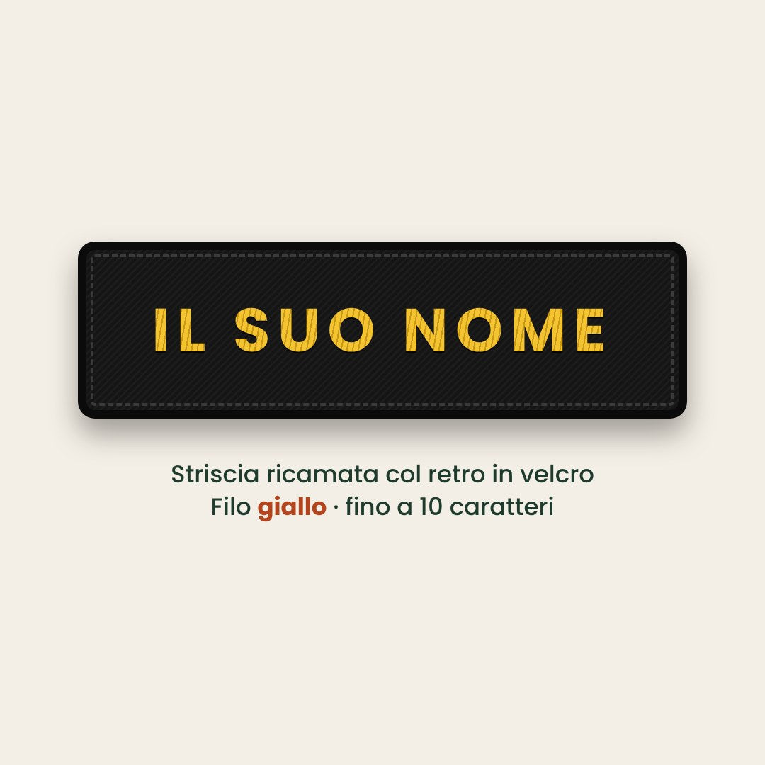 Striscia ricamata col nome, filo giallo