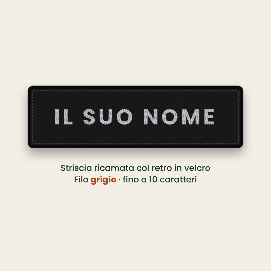 Striscia ricamata col nome, filo grigio