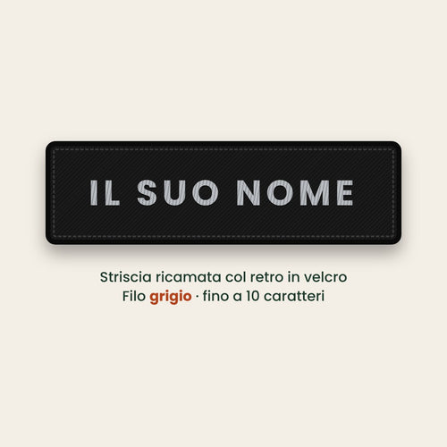 Striscia ricamata col nome, filo grigio