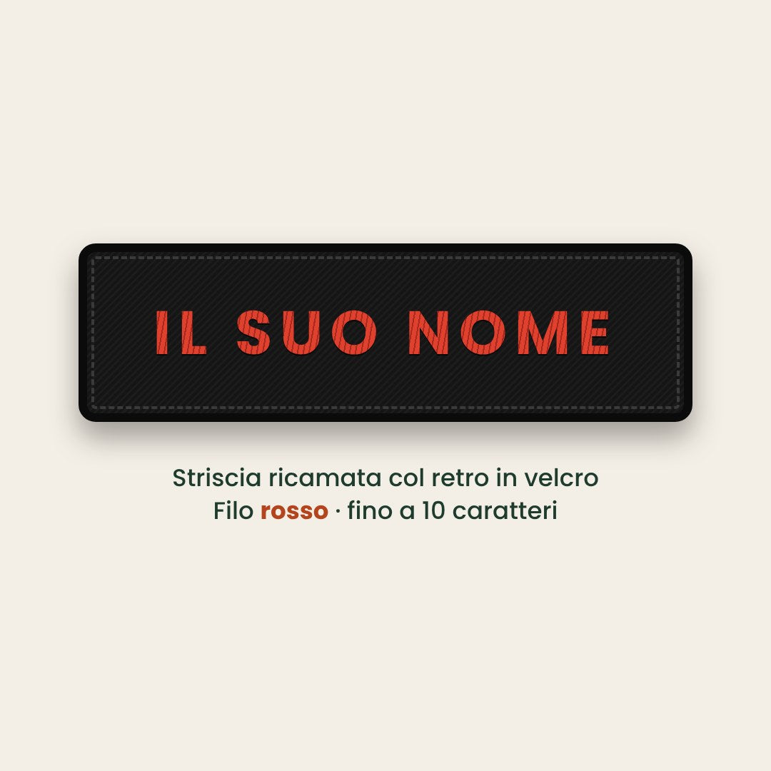 Striscia ricamata col nome, filo rosso